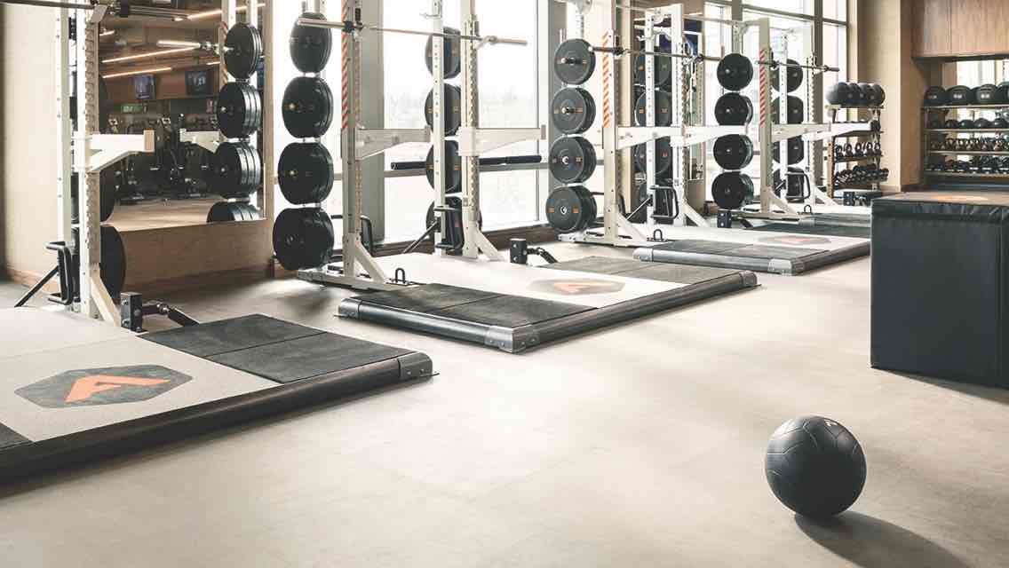 An Alpha training area equipped with weightlifting platforms, free weights and a medicine ball standing by