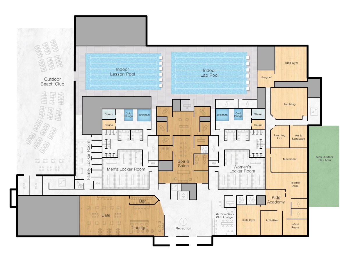 The first floor of Life Time Westlake with indoor leisure and lap pool and beach club along with the cafe, locker rooms, kids academy and work club lounge