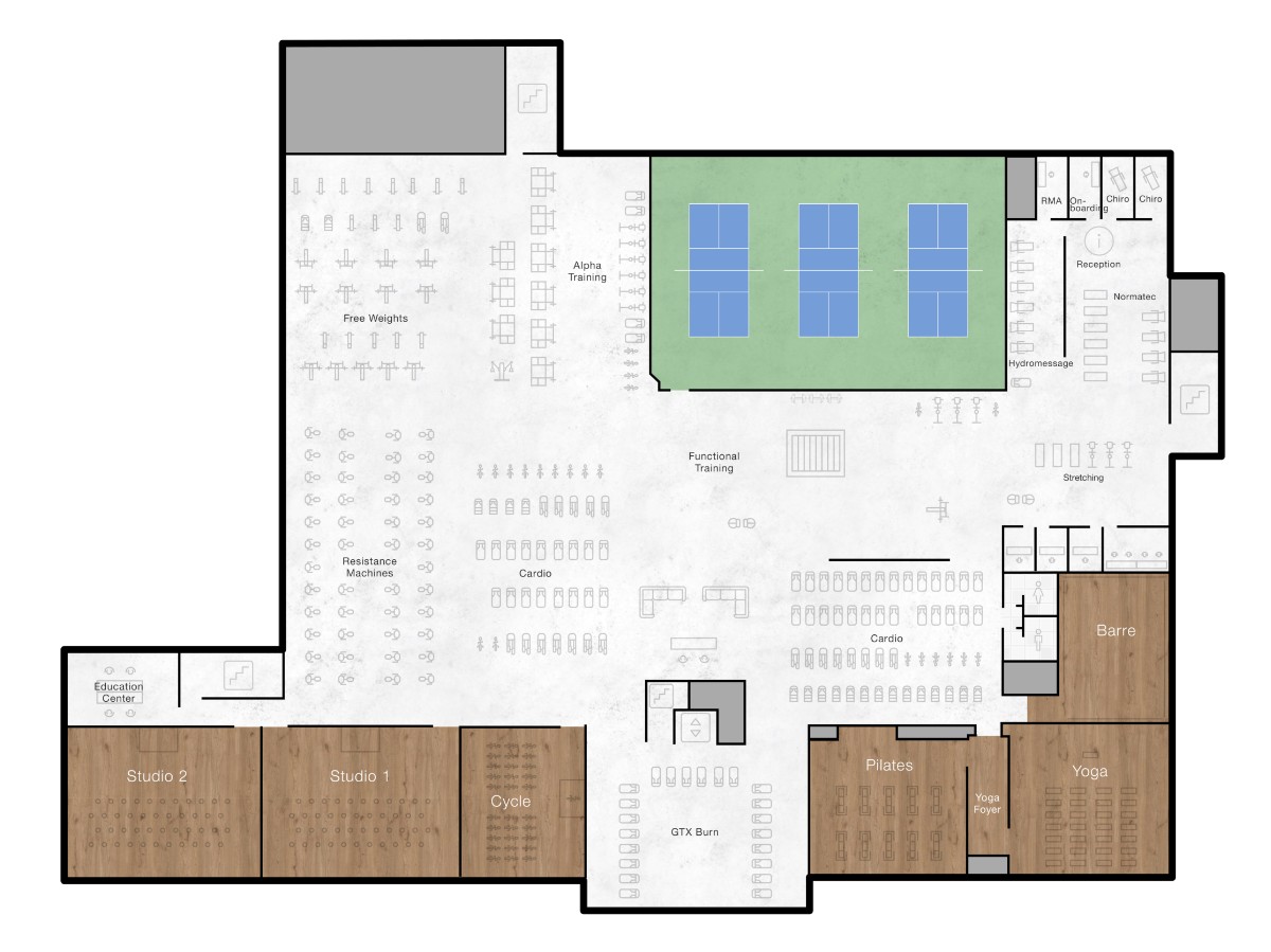 The second floor of Life Time Westlake with studio classes, pickleball courts and training, cardio and workout areas