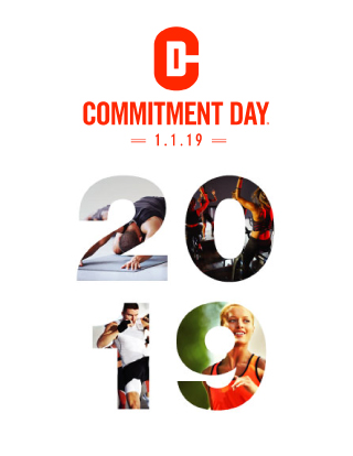 The red Commitment Day logo and a graphic depiction of â€œ2019,â€ in which each number contains the image of a person exercising 